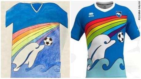 Il design vincente di Luigi D & # 39; Agostino rappresenta un delfino, simbolo del club di Pescara, che gioca in mare con un pallone da calcio.