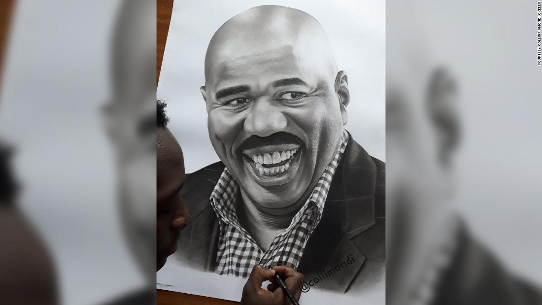 Il comico americano Steve Harvey dà una spinta all'artista keniota dopo un disegno virale