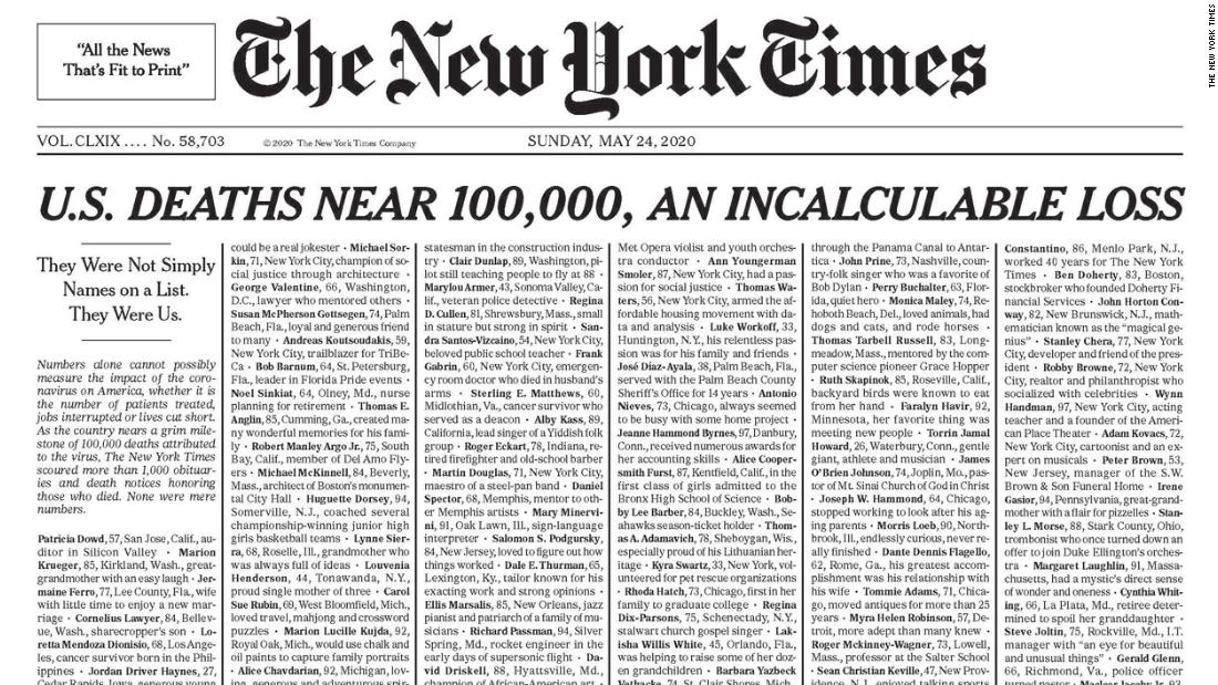 Il New York Times pubblica un'edizione con i nomi di 1.000 vittime di coronavirus