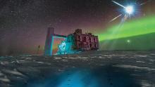 In questo rendering artistico, basato su un'immagine reale dell'IceCube Lab al Polo Sud, una fonte distante emette neutrini che vengono rilevati sotto il ghiaccio dai sensori IceCube.