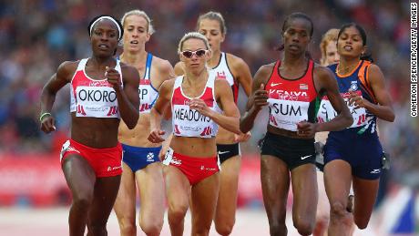 Okoro, Jenny Meadows of England ed Eunice Jepkoech Sum of Kenya competono nella semifinale femminile di 800 m a Hampden Park l'ottavo giorno dei Glasgow Commonwealth Games 2014 il 31 luglio 2014 a Glasgow.
