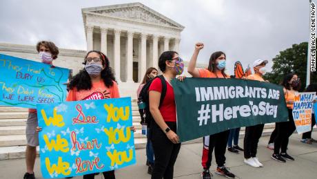 DACA beneficiaries, known as &quot;Dreamers,&quot; celebrate outside the Supreme Court in Washington.