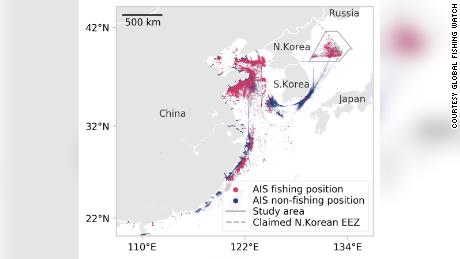 Questo grafico di Global Fishing Watch mostra la posizione trasmessa da tutte le navi identificate come probabili pescherecci per navigare nella zona economica esclusiva rivendicata dalla Corea del Nord nel 2017 e nel 2018.